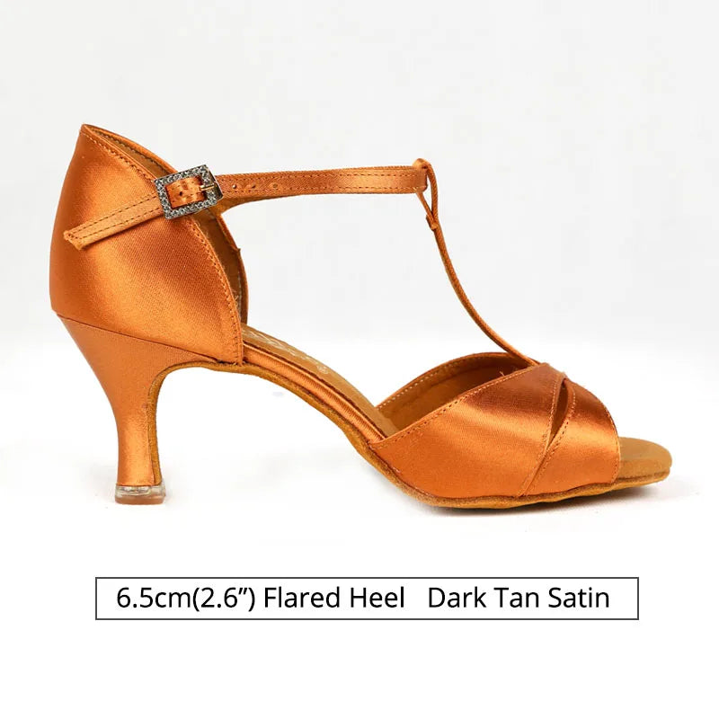 BD Dance Shoes Professional Women Satin Latin Shoe Ladies Sandal Latin Dancing Shoes Soft Leather Sole High Heel  T Bar