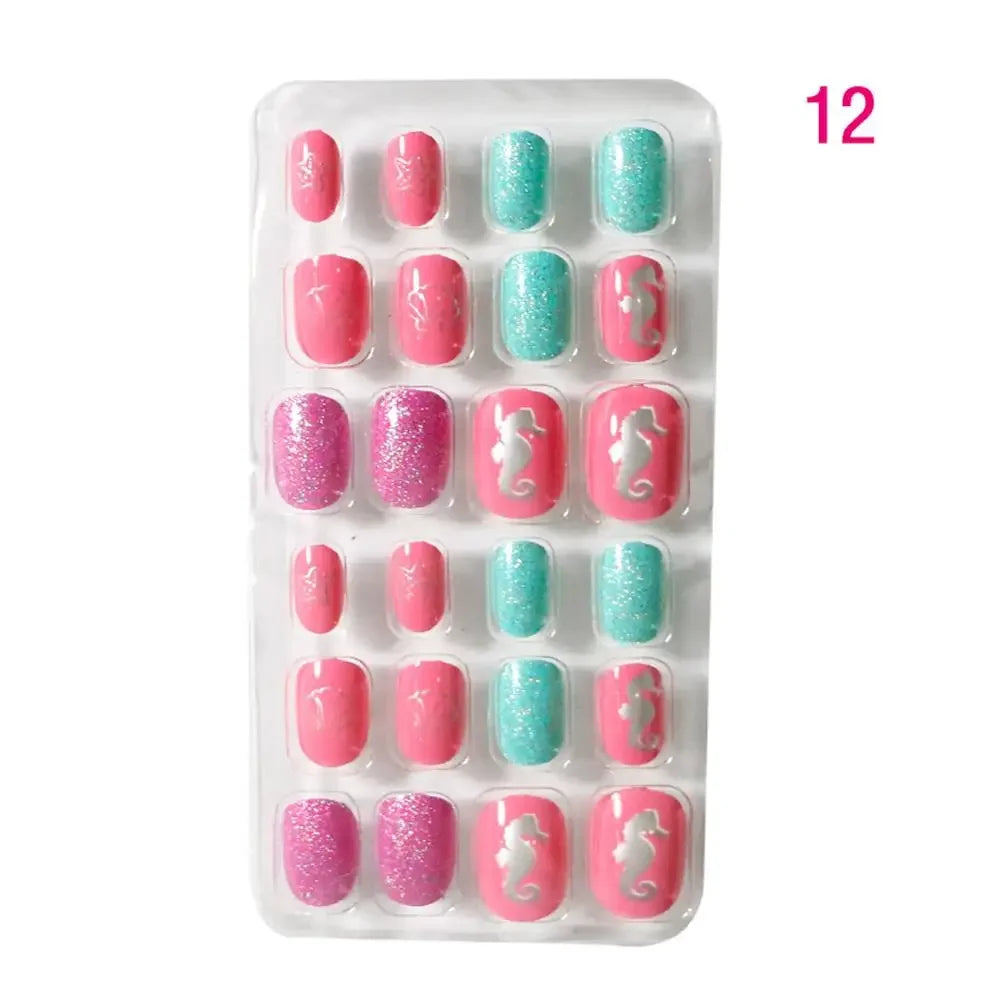 24Pcs/Set Kids Candy Flower Cute Fake Nails Detachable Full Cover False Nails Press On Nails Children Girls Nail Decoration Gift