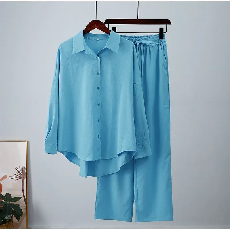 Holiday Wide Leg Pants Set Two Piece Set Women Vintage Boho Maxi Shirt Autumn Casual Loose Work Streetwear Y2k 2025 Outfits