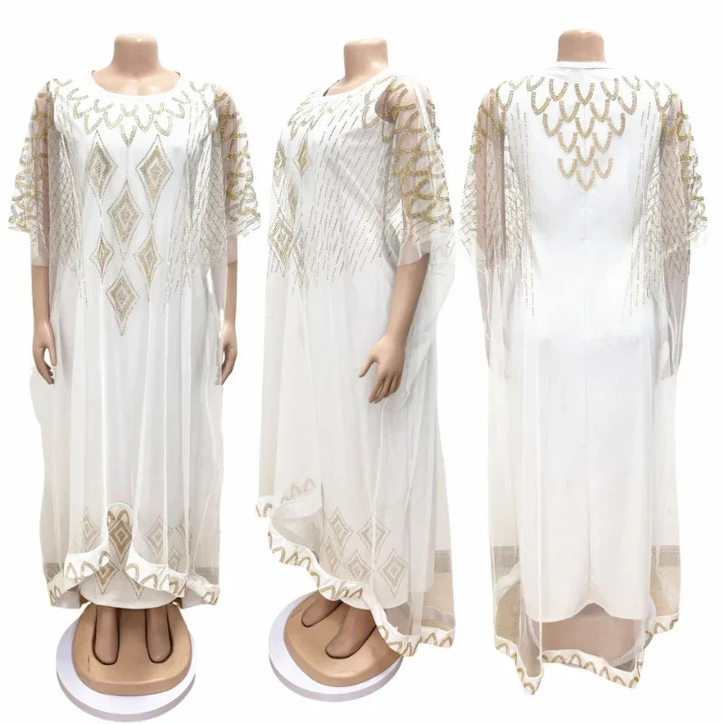 African Dresses For Women Short Sleeve Turkey Diamonds Evening Wedding Party Floor Length Dress Muslim Africa Clothes 2023
