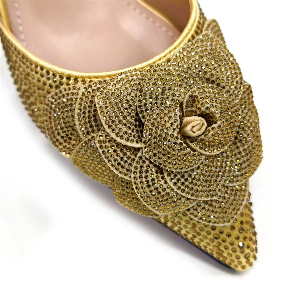 Women's Pointed-Toe Large Flower Decoration Rhinestone Low Heel Italian Shoes and Bags Set