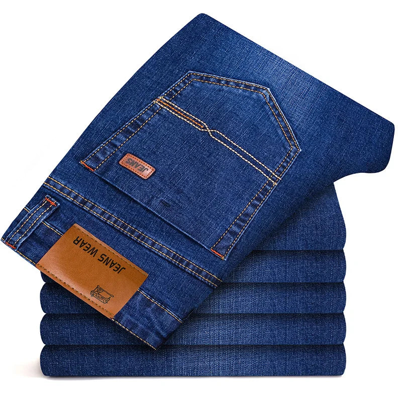 Men's Classic  Fitted Stretch Jeans Business Casual Cotton Denim Straight Leg Pants
