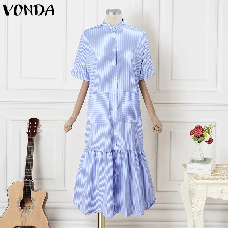 Elegant Striped Printing Short Sleeve Maxi Long Dress Casual Daily Shirt Dress 2025 VONDA Beach Party Sundress Bohemian Vestidos