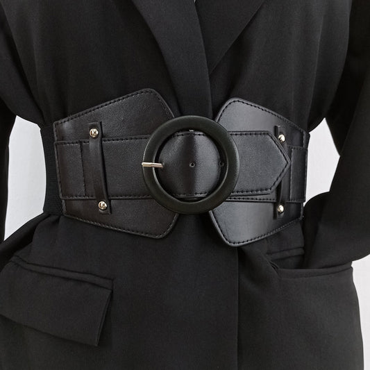 Women’s Wide Stretch Corset Belt – Elastic Cummerbund Waist Cincher with Round Buckle, PU Leather Panels, Adjustable Plus Size Dress Belt