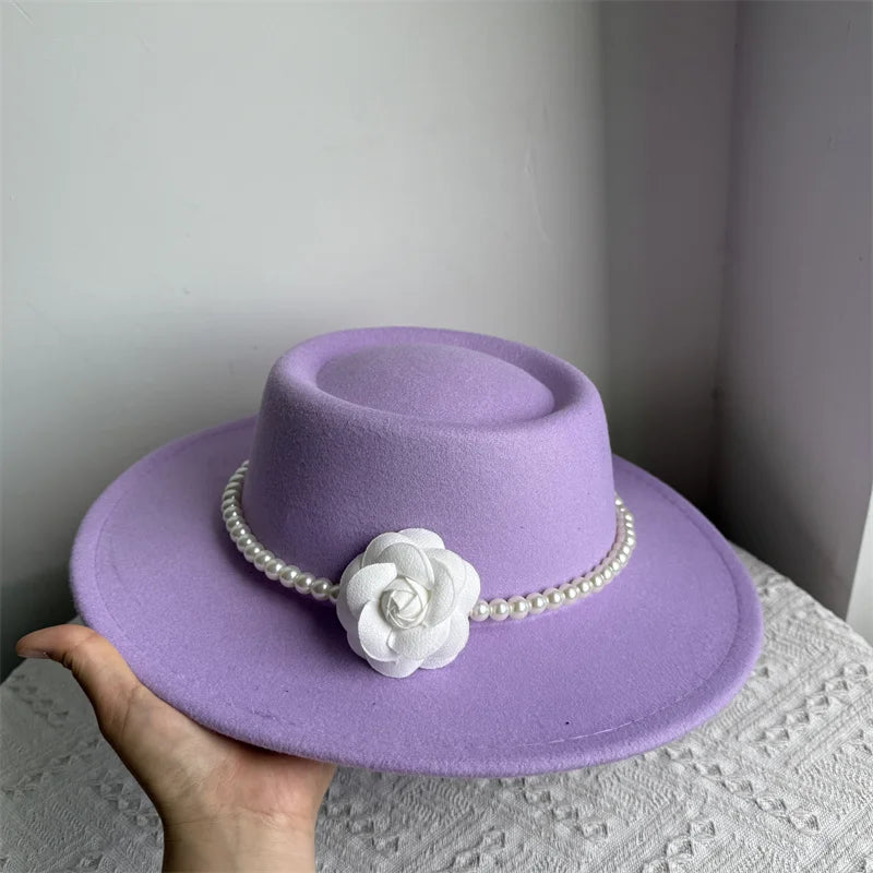 Women's Fashionable Fedora Hat 10CM Wide Brim Flat Top Felt Hats For Wedding And Jazz