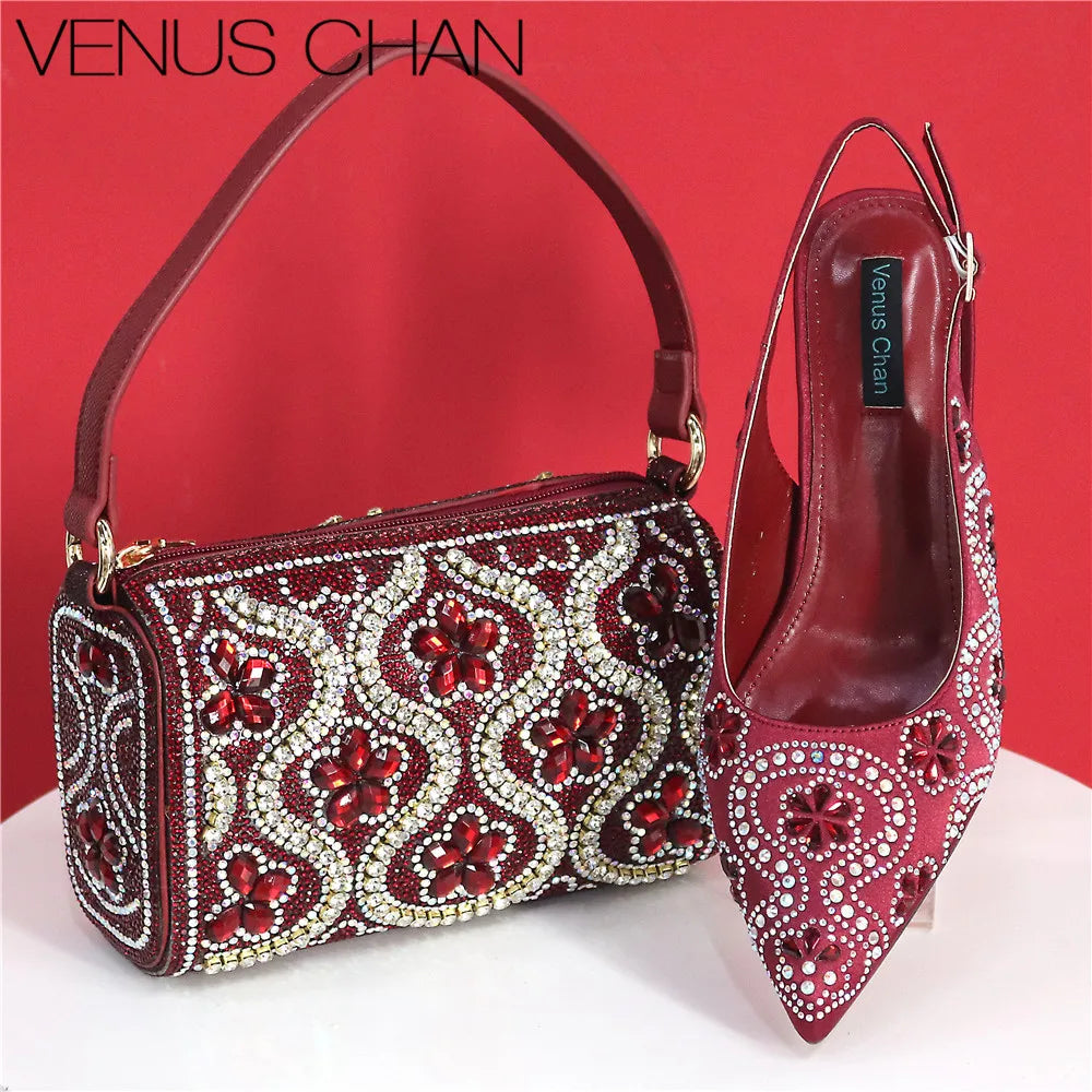 Elegant And Sexy Fuchsia Color High Heels Shoes And Bag With Rhinestone Embellished Toe Is Comfortable Women's Shoes For Party