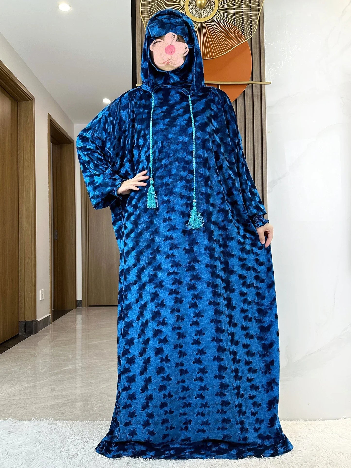 High Quality Velvet Fabric 2025 Ramadan Muslim Lady's Abaya Two-Hats Dubai Turkey Style Islamic Prayer Clothing Kaftan Dress