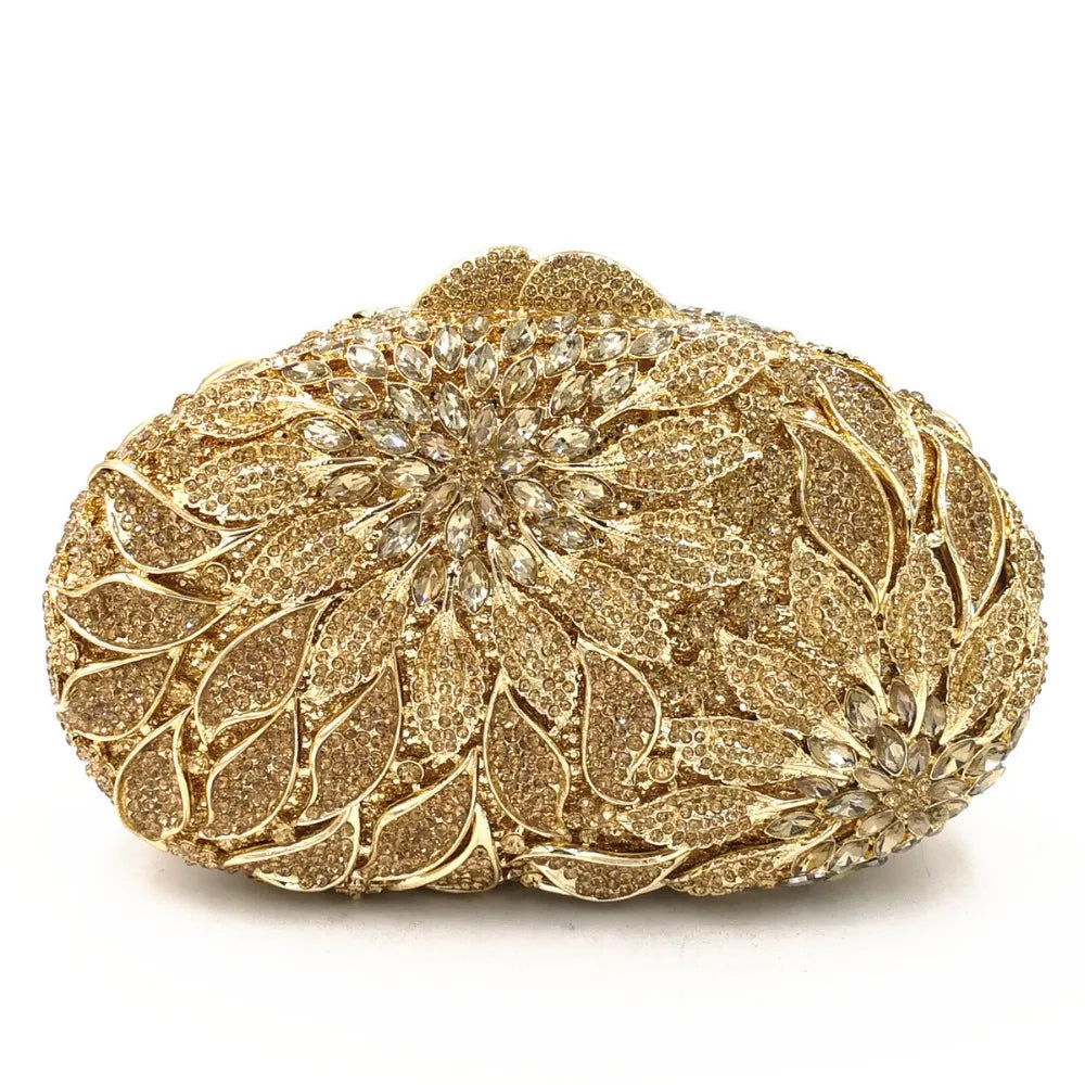 Gold Metal Leaves White Crystals Evening Clutch Bags Luxury Women Wedding Party Purse Ball Handbags Rhinestone Mini heart bag