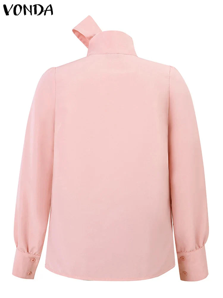Plus Size 5XL VONDA Elegant Blouses Women Tops Streetwear Solid Color Casual Bow Collar Blusas 2024 Female Long Sleeve Shirts