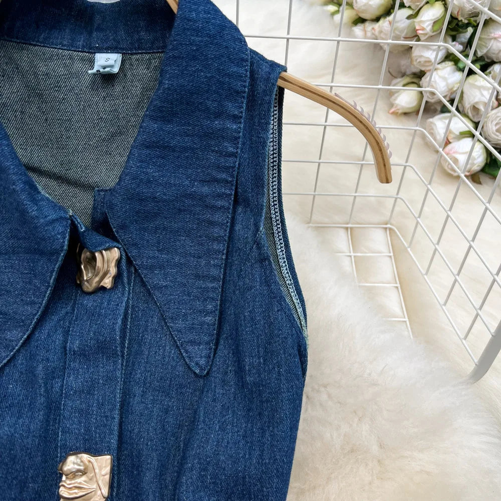 Denim Dress Women Long Dresses Turn Down Collar Sleeveless Party Club Hollow Out Jeans High Waist Slim Single Breasted Vestidos