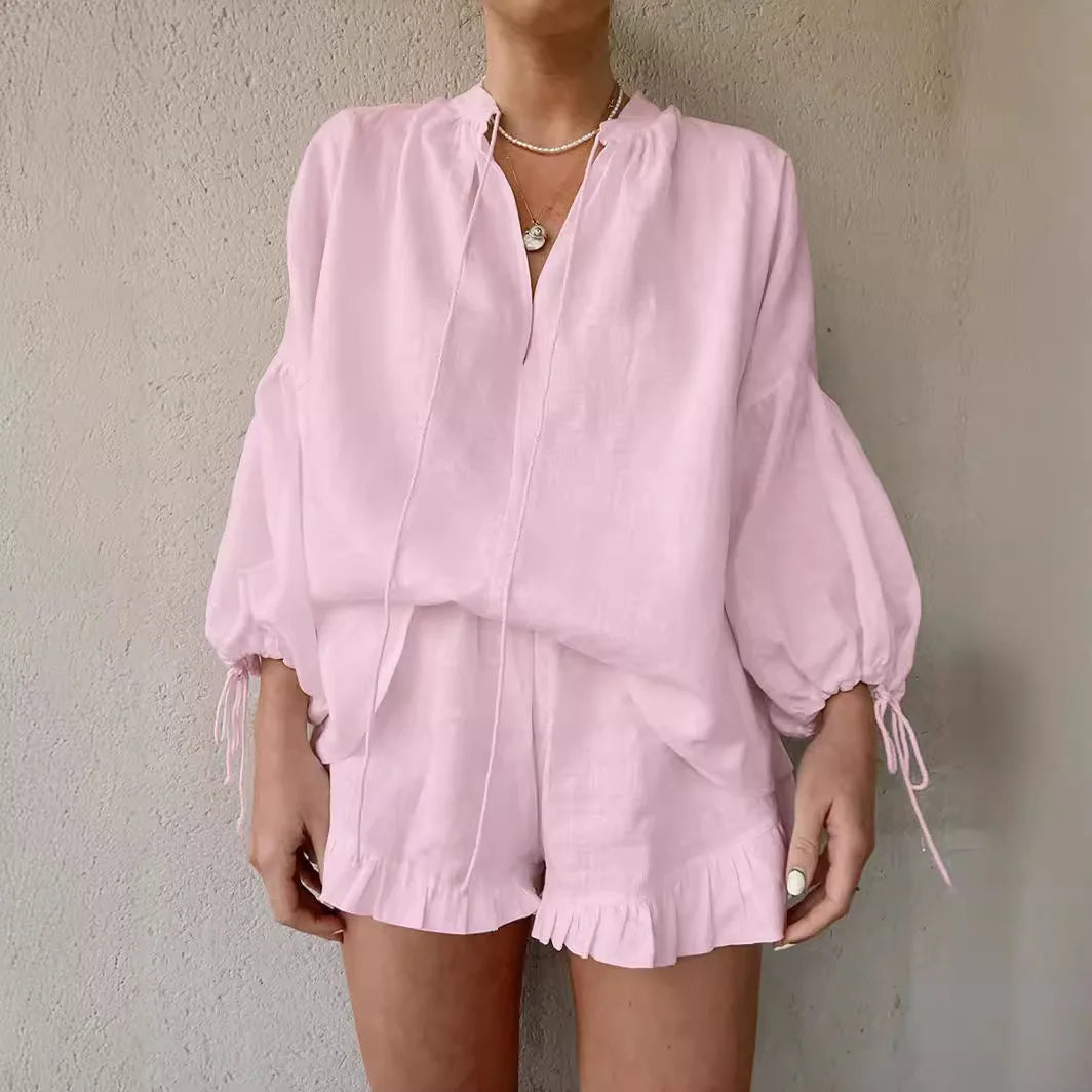 Fashion White Long Sleeve Shirts And Shorts Two Piece Sets Women 2025 Summer Cotton Casual Home 2 Piece Sets Women Outfit