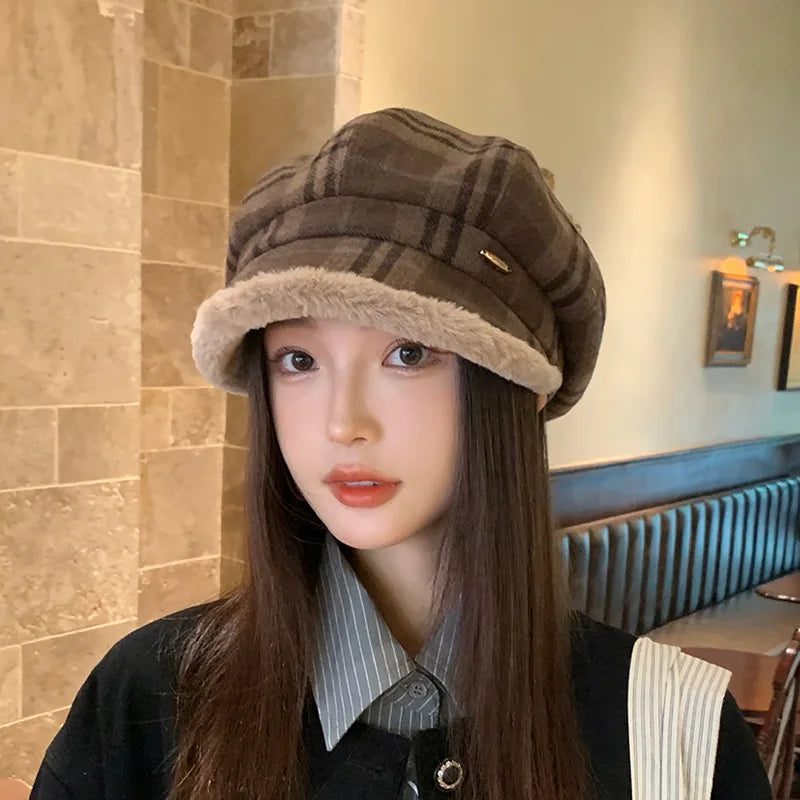 Winter Vintage Plaid Plush Warm Octagonal Women's Hat