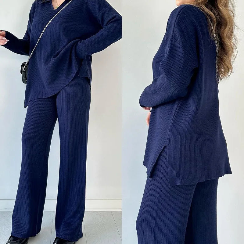 2024 Women's Knitted Pullover Sets 2PCS Solid V Neck Hem Split Loose Top + Set Wide Leg Pants Two Pcs Outfit Female Oversized