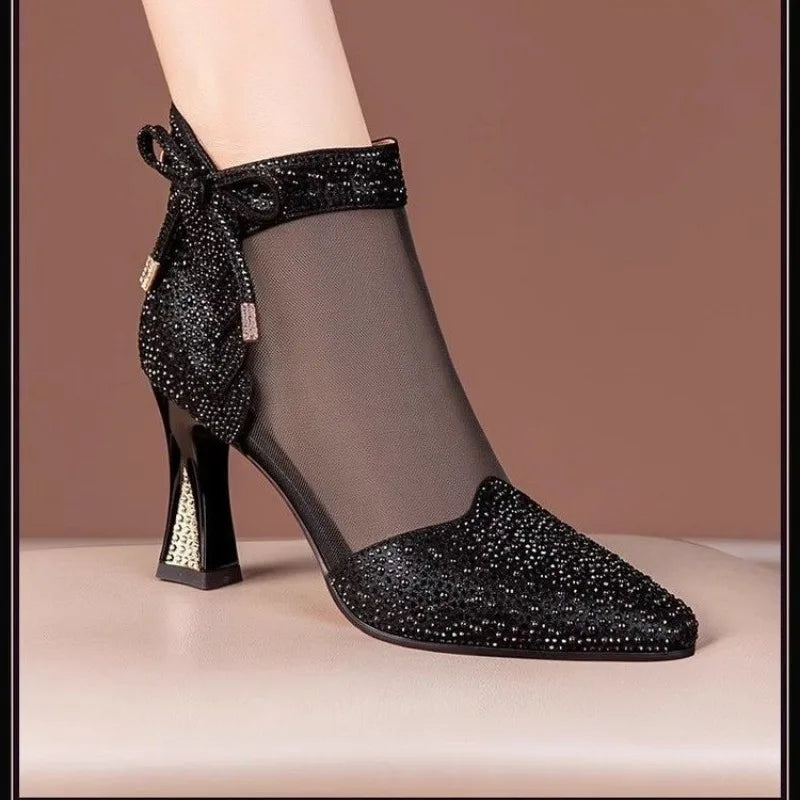 New Fashion Mesh Breathable Rhinestone High Heel Boots Elegant Pointed Toe Dress Pumps Women Banquet Wedding High Heels Size 43
