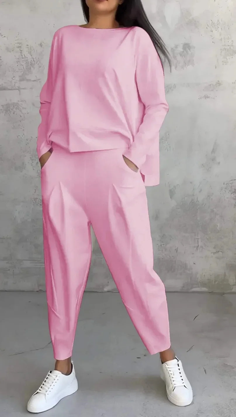 Women Two Piece Pant Sets Solid Full Sleeved Tops Round Neck Casual Midi Waist Long Pants Pockets Regular Elegant Lady