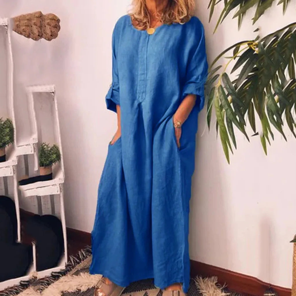 Holiday Dresses For Women 2023 Plus Size Long Sleeve Solid O-neck Summer Maxi Dress With Pockets V Neck Dresses Платье Женское
