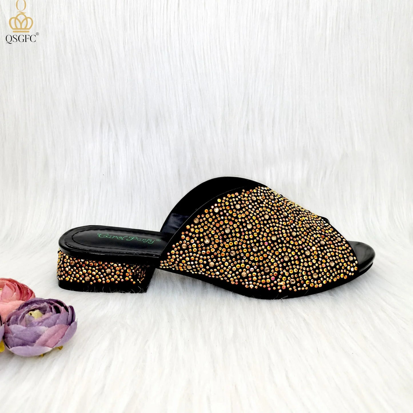 QSGFC Italian Design Fashion Crystal Sandals Nigeria Africa Popular High Heel Shoe Bag Set Casual Versatile Fish Mouth Shoes