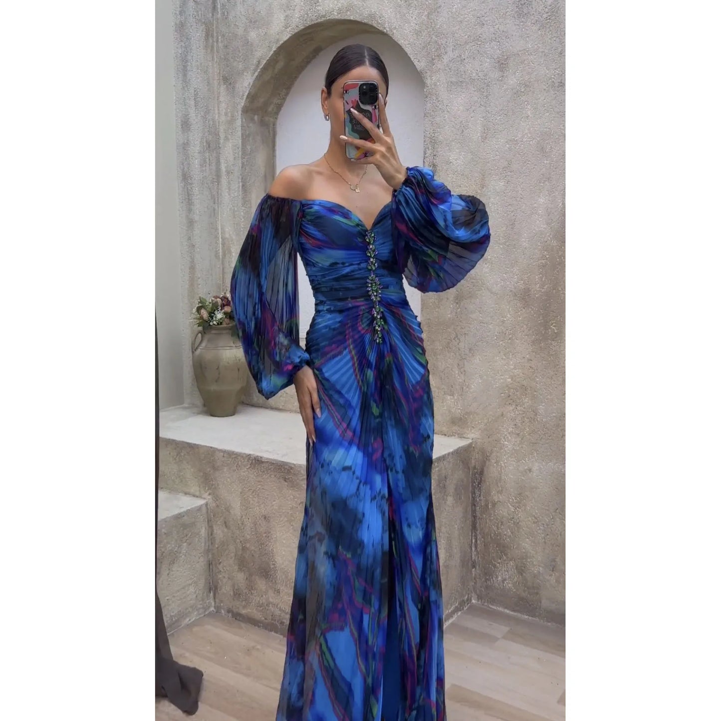 Women Floral Lantern Long Sleeve Dress Elegant Rhinestone Off Shoulder Maxi Dresses Sexy Deep V-neck  Waist Split Parties Dress