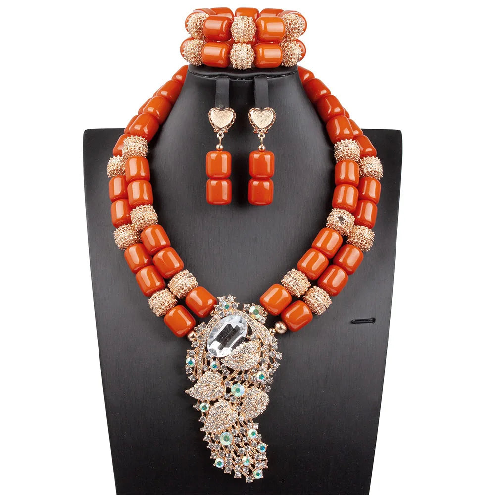 Artificial Coral Women Pendant Necklace Bracelets Earrings Suit African Wedding Jewelry Set Nigeria Bride Accessories Party Gift
