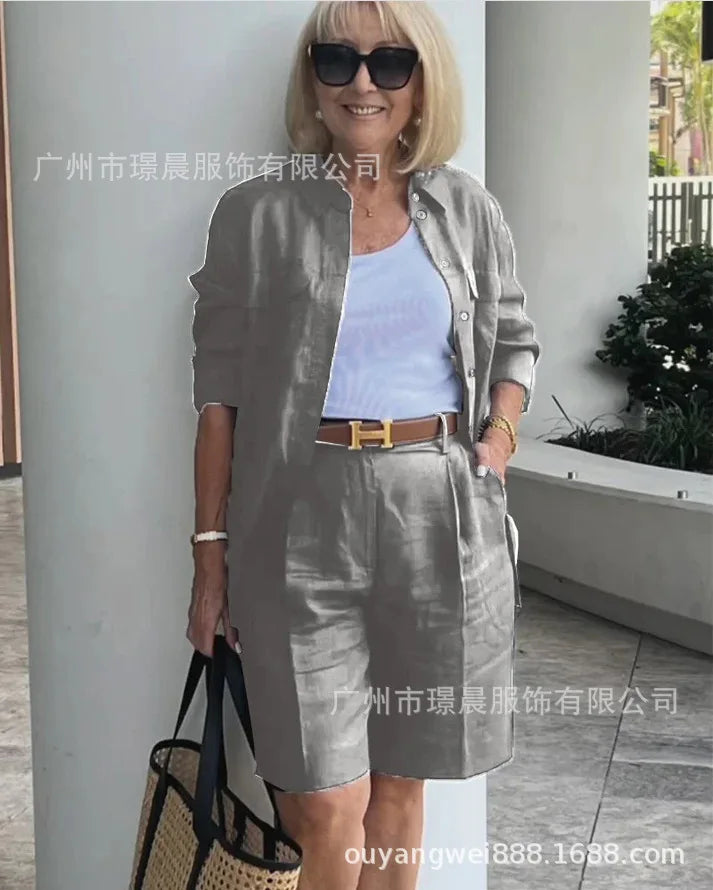 2025 Elegant 2-Piece Sets For Women Womens Cardigan Shirt Top Summer Solid Color Casual Shorts Two Piece New In Matching Sets