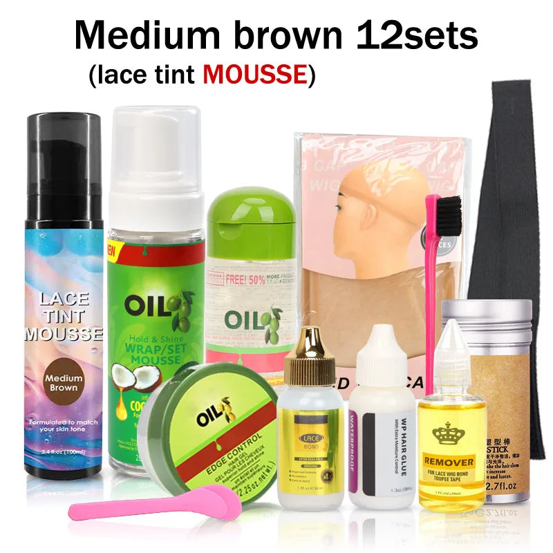 Wig Installation Kit Set With Everything 12Pcs Hair Mousse Lace Tint Spray Lace Wig Glue Hair Wax Stick Edge Control Wig Band