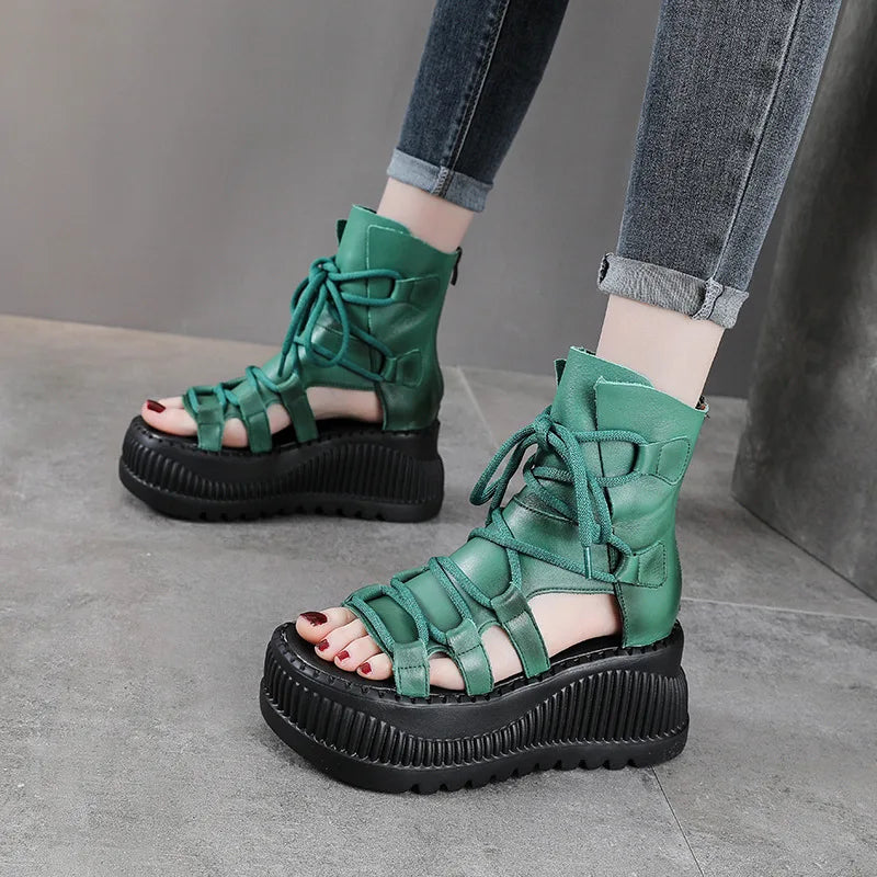 Koznoy 8cm Ethnic Cow Genuine Leather Ankle Booties Women Hollow Peep Toe Platform Wedge Breathable Zip Summer Fashion Shoes