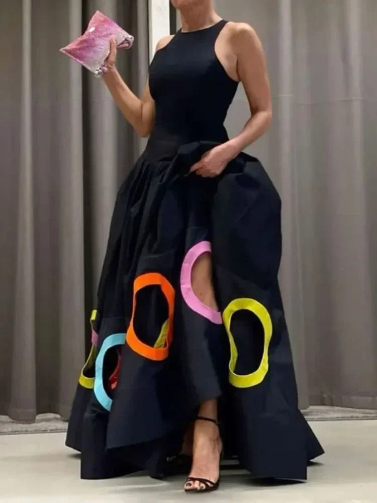 2025 Summer Women Elegant Party Evening Maxi Dresses Fashion Rainbow Printed Circle Hollow Out High Waist A-line Long Dress
