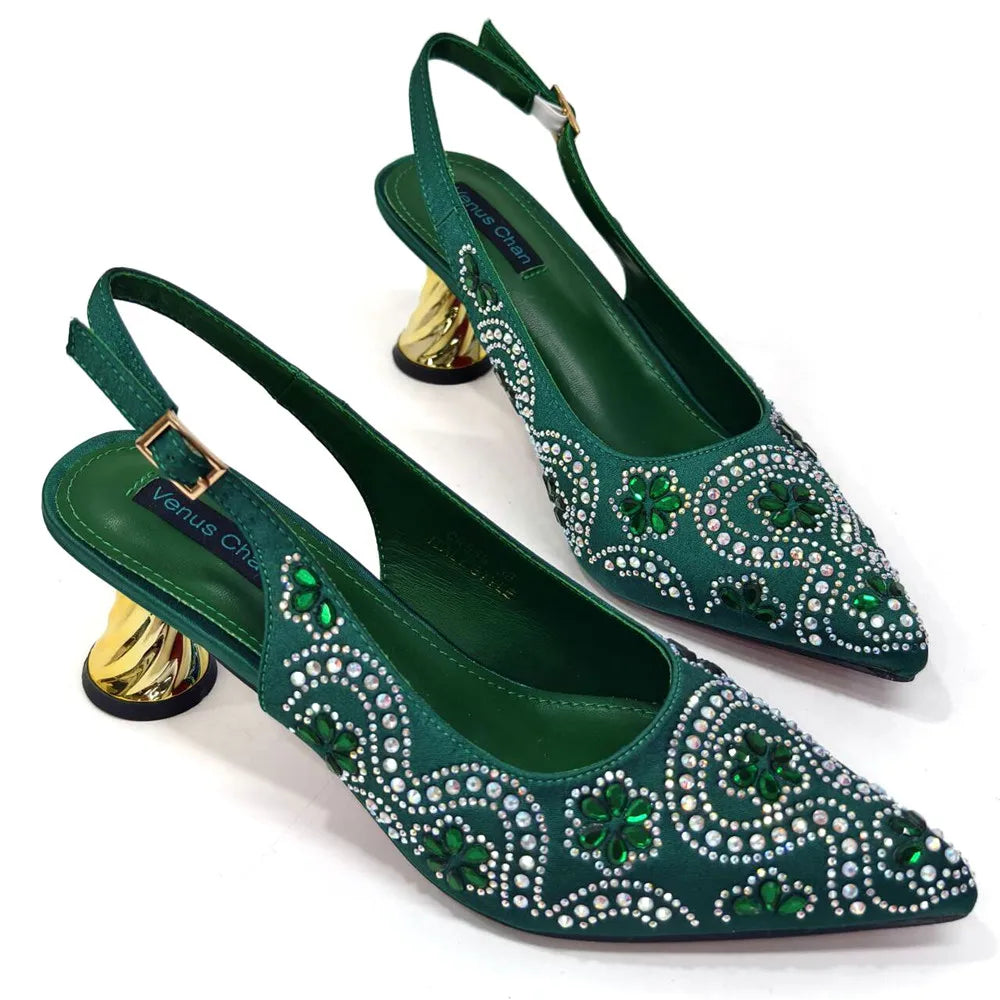 Elegant And Sexy Fuchsia Color High Heels Shoes And Bag With Rhinestone Embellished Toe Is Comfortable Women's Shoes For Party