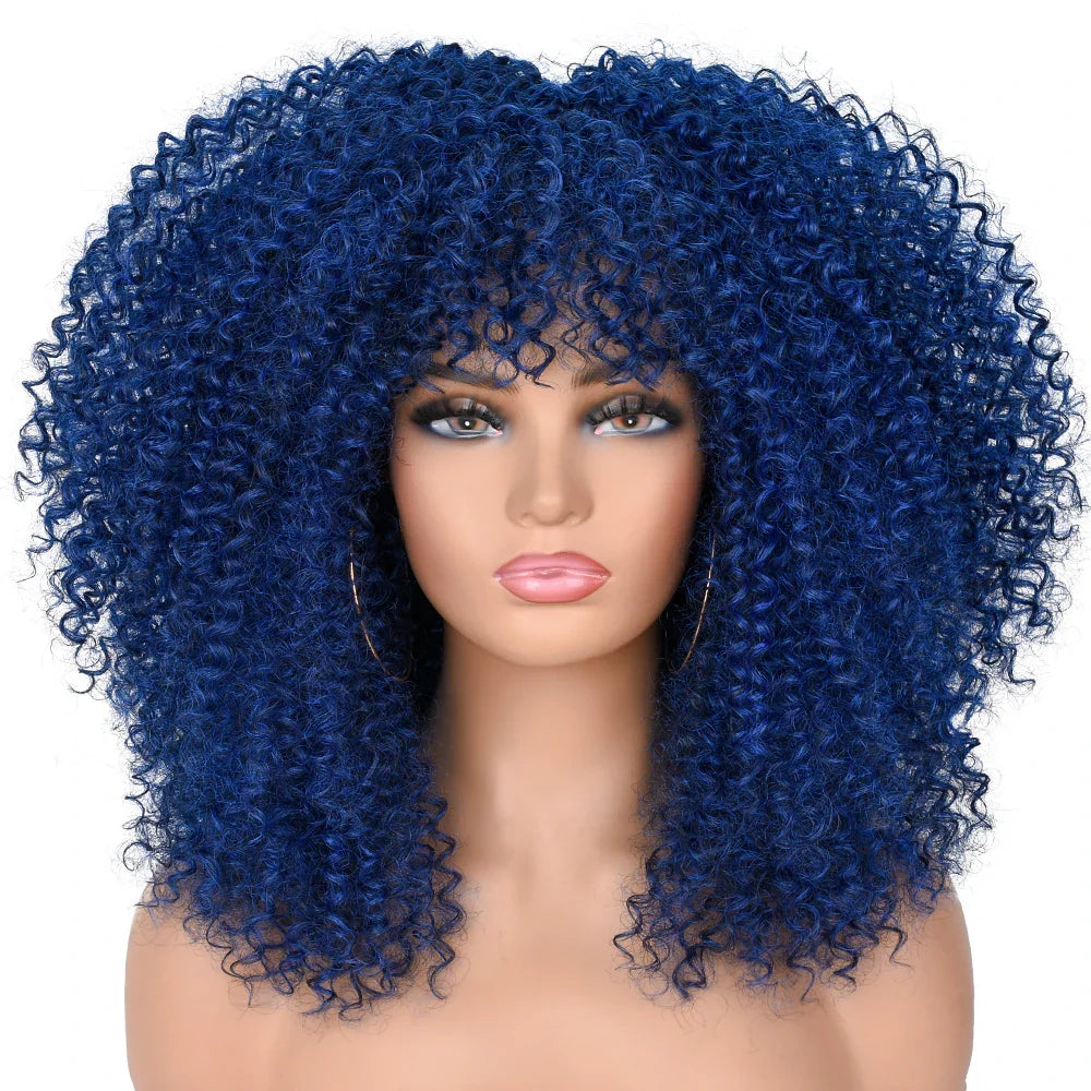 Curly Afro Wigs for Black Women Short Curly Wig with Bangs Kinky Curls Curly Hair Synthetic Wigs for African American Women