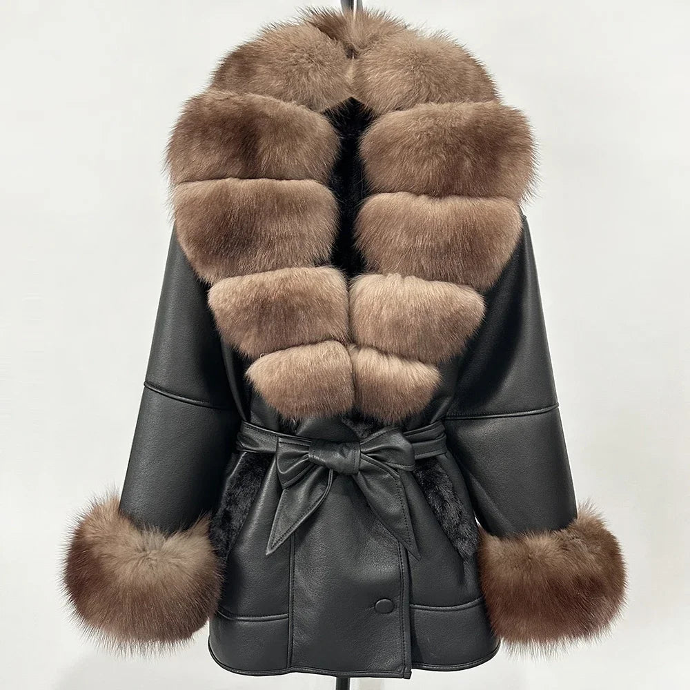 Women's Large Faux Fur Leather Jacket Warm Autumn Winter Outwear High Street Style Thick Warm Fur Turn-Down Collar Single Breasted