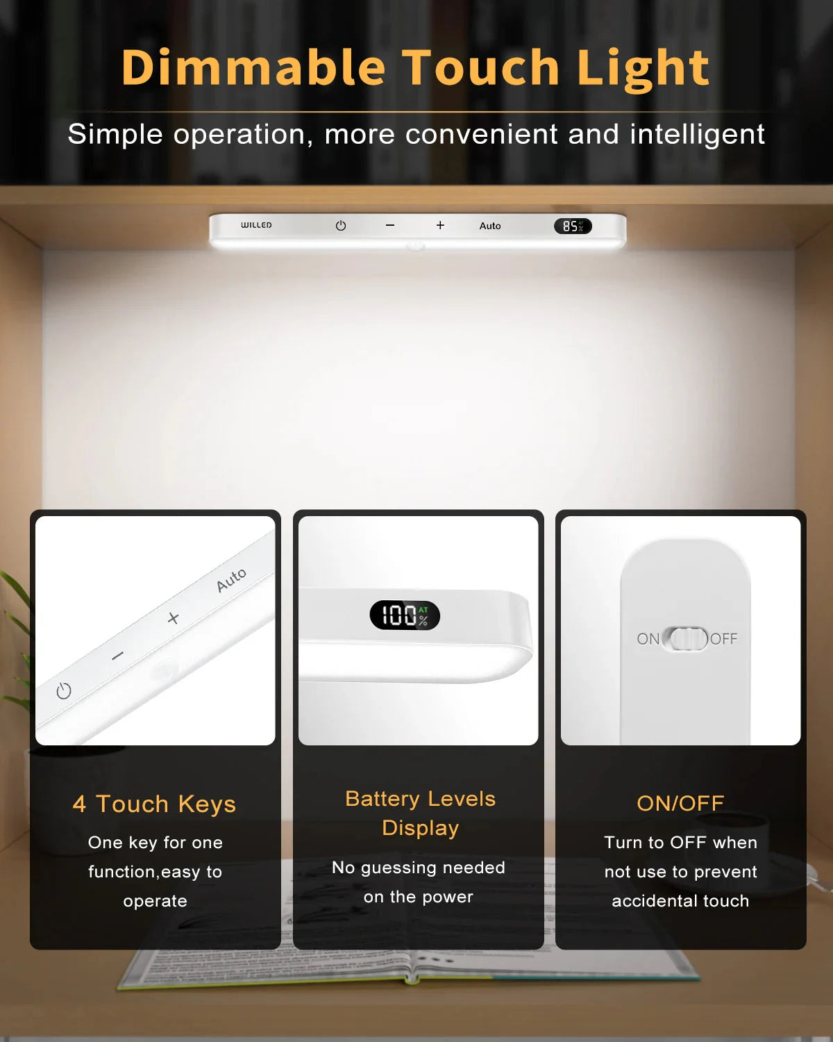 Motion Sensor Cabinet Light Battery Display 60 LED Touch Light Bar Wireless Rechargeable