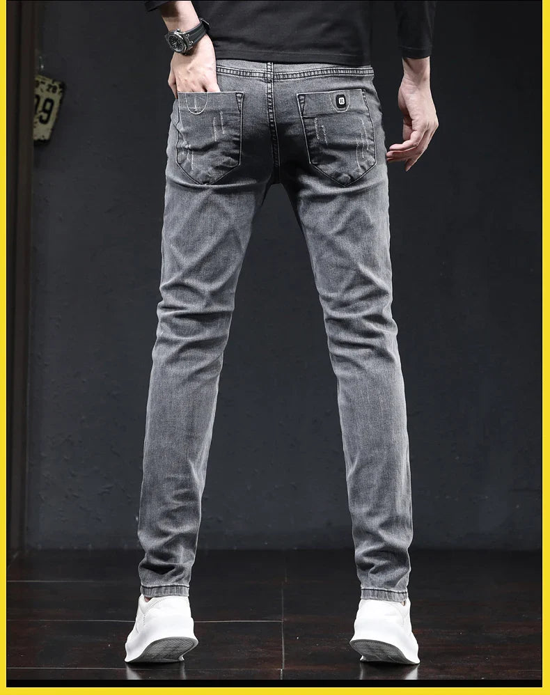 Grey Denim Jeans Male Elastic Pants Fashion Men's Long Thin slim fit