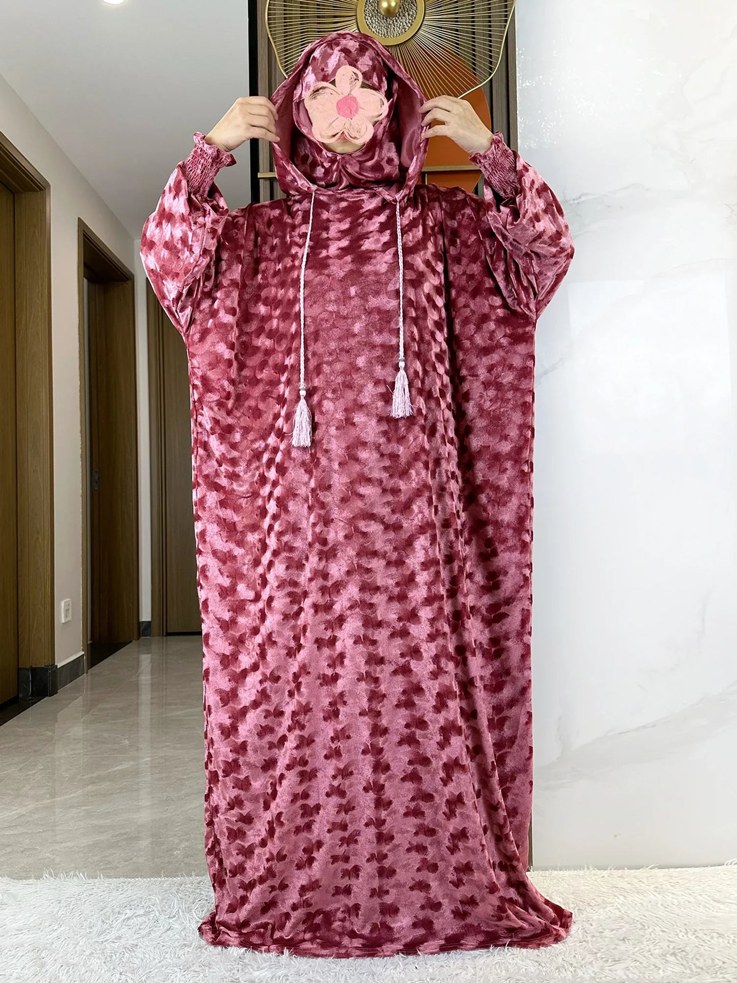 High Quality Velvet Fabric 2025 Ramadan Muslim Lady's Abaya Two-Hats Dubai Turkey Style Islamic Prayer Clothing Kaftan Dress