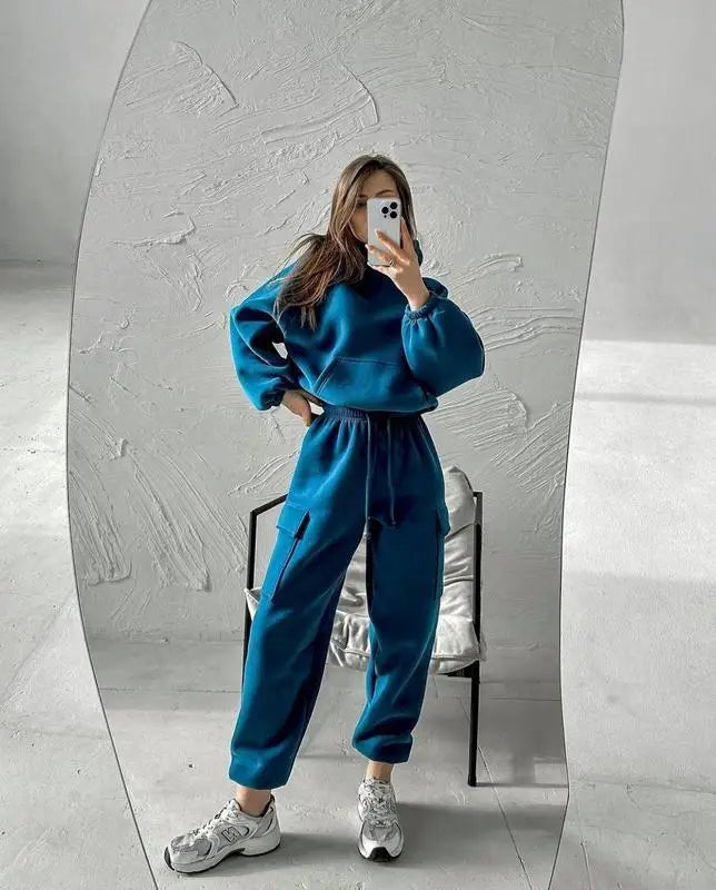 Hoodies Suit Winter Autumn Solid Casual Tracksuit Women Fleece 2 Pieces Set Sports Sweatshirts Pullover Jogger Sweatpants Outfit
