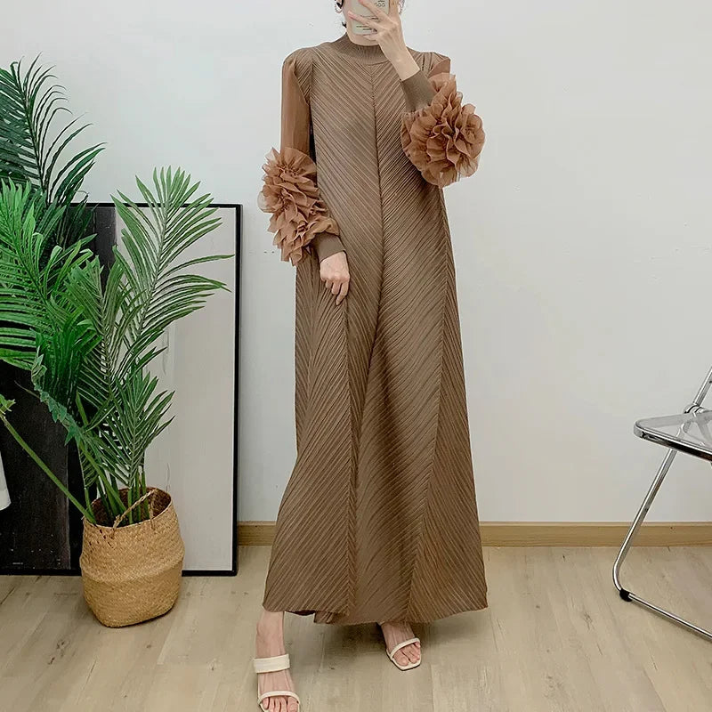 Pleated Maxi Long Dress Mesh Petal Sleeve Half Turtleneck Formal Dresses for Women 2024 New Hot Sales