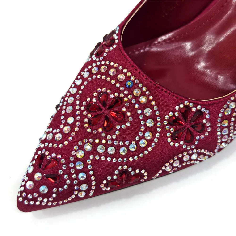 Elegant And Sexy Fuchsia Color High Heels Shoes And Bag With Rhinestone Embellished Toe Is Comfortable Women's Shoes For Party