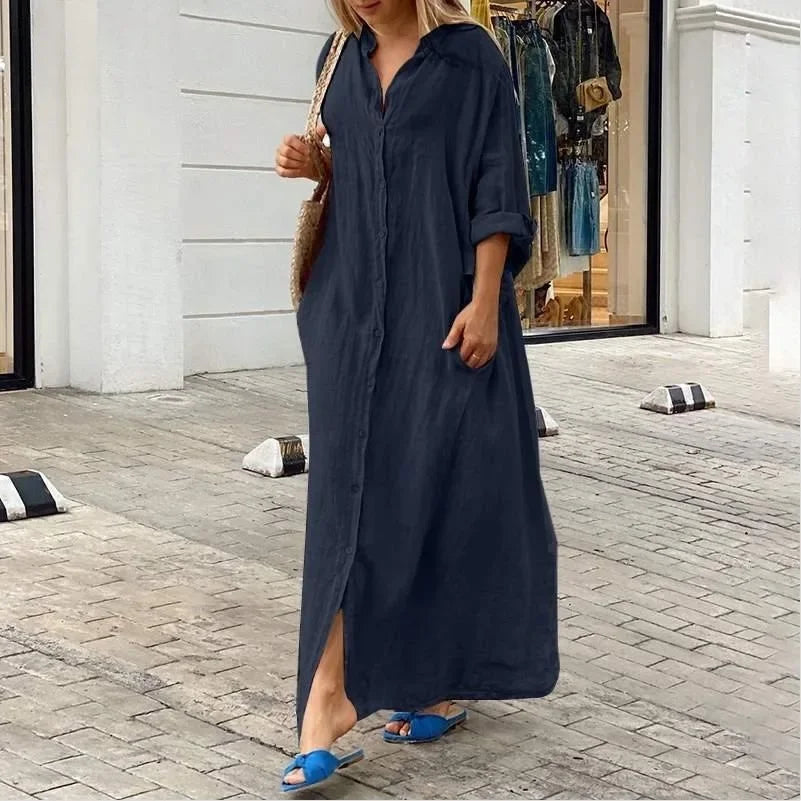 2024 Spring Cotton Linen Oversize Women Dress Long White Button Loose Dresses Female New Casual Trendy Elegant Ladies Clothes