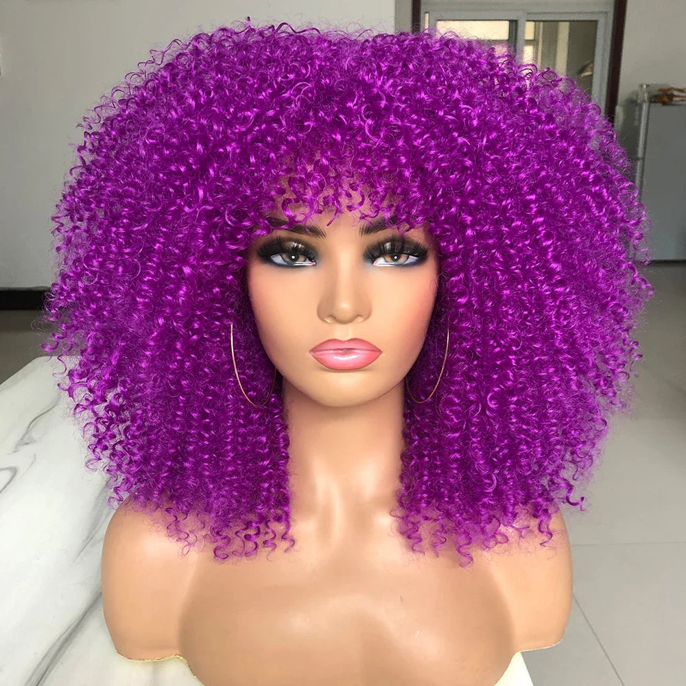 Curly Afro Wigs for Black Women Short Curly Wig with Bangs Kinky Curls Curly Hair Synthetic Wigs for African American Women