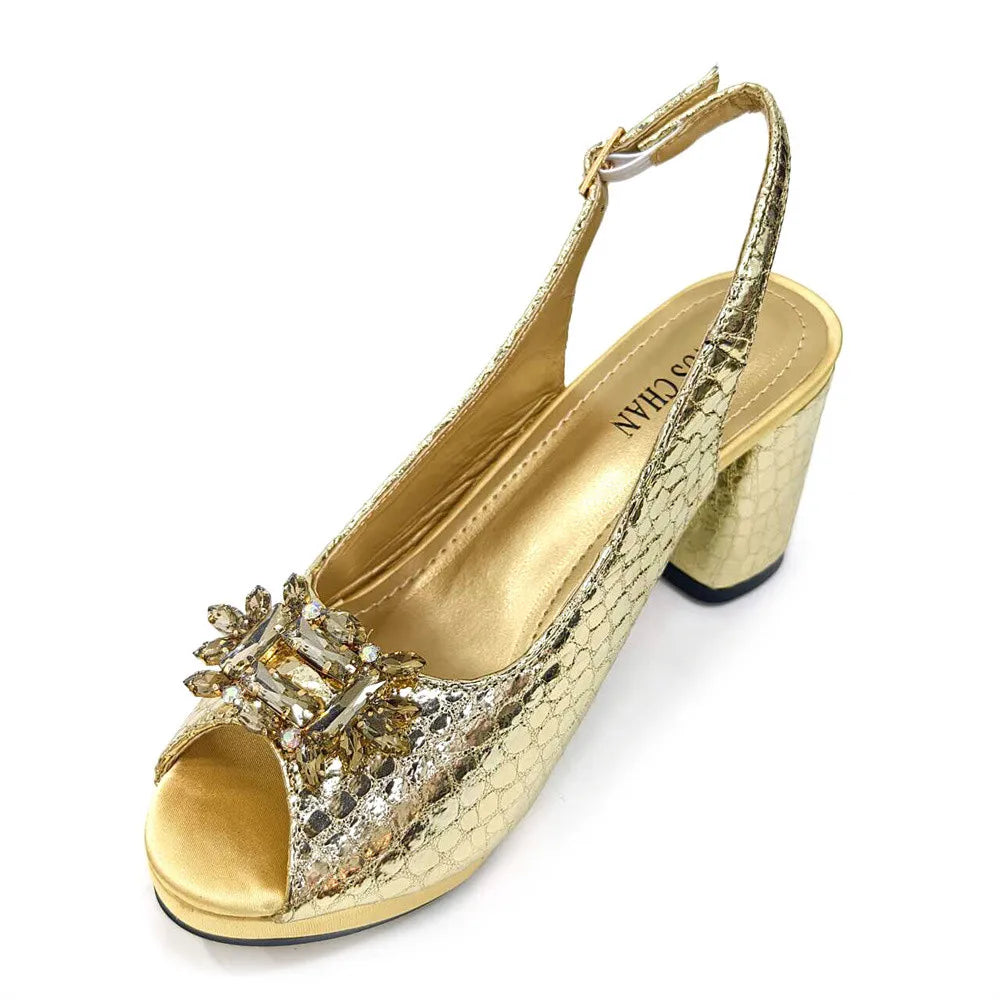 Women's Open Toe Heels Fashionable Rhinestone Decoration Shoe and Bag Set