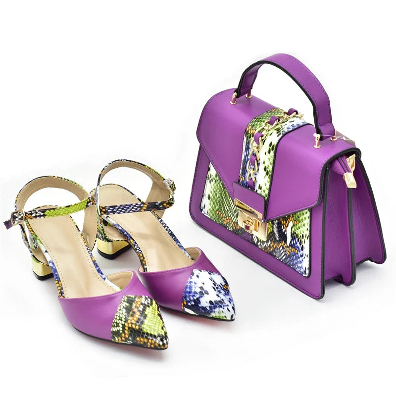 New Design Italian Shoe and Bag Set for Party In Women Ladies Shoes and Sandals Snake Print Heels Wedding Shoes for Women Bride