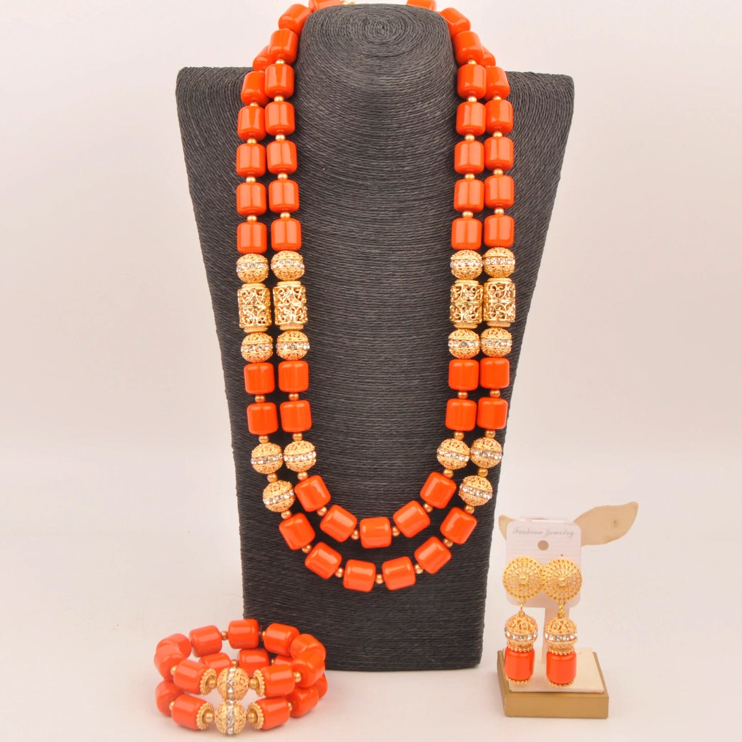 African Wedding Couple Set Orange Artificial Coral Beads Jewelry Set