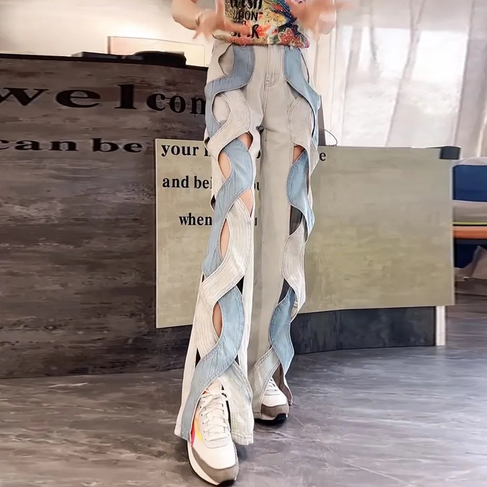 Women's Crisscross Streetwear Denim Trousers With High Waist Patchwork
