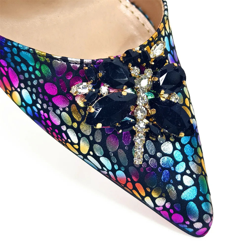 2025 New Yellow Color Thin Heels Pointed Toe Crystal Design Ladies Shoes Matching Bag Set For Women Weeding Party Pump