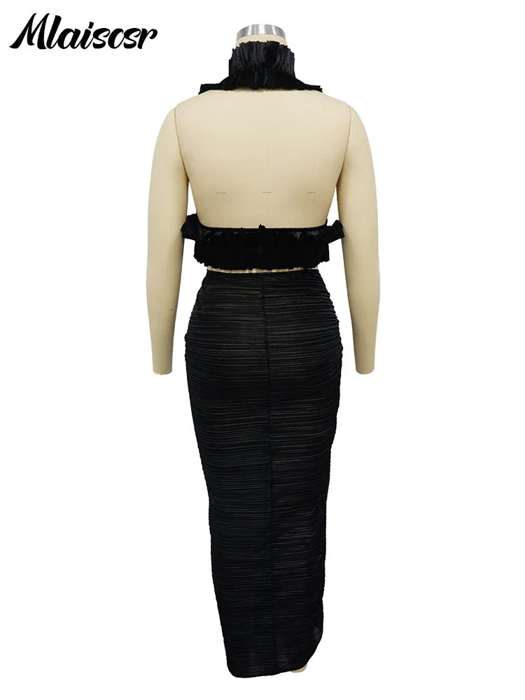 Mlaiscsr Elegant Pleated Ruffle Black Dress Set for Women Sexy Crop Top and Split Skirts Two 2 Piece Matching Club Prom Outfits