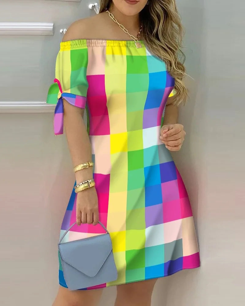 Fashionable Sexy Women's Print Dress Women's Word Shoulder Short -sleeved A -line Dress Ladies Off The Shoulder Mini Dresses