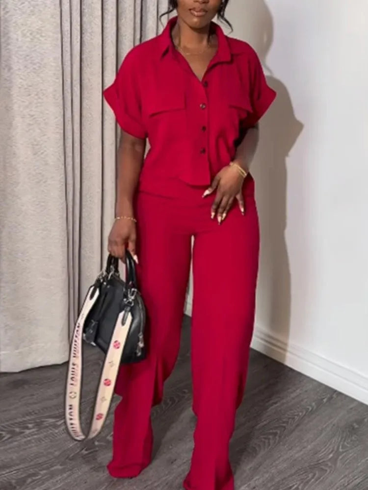 Casual Women's Solid Two Piece Sets Spring Summer Turn-down Neck Short Sleeve Loose Top & Wide Leg Pants Set Streetwear Outfits
