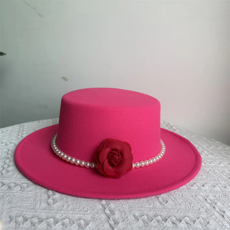 Women's Fashionable Fedora Hat 10CM Wide Brim Flat Top Felt Hats For Wedding And Jazz
