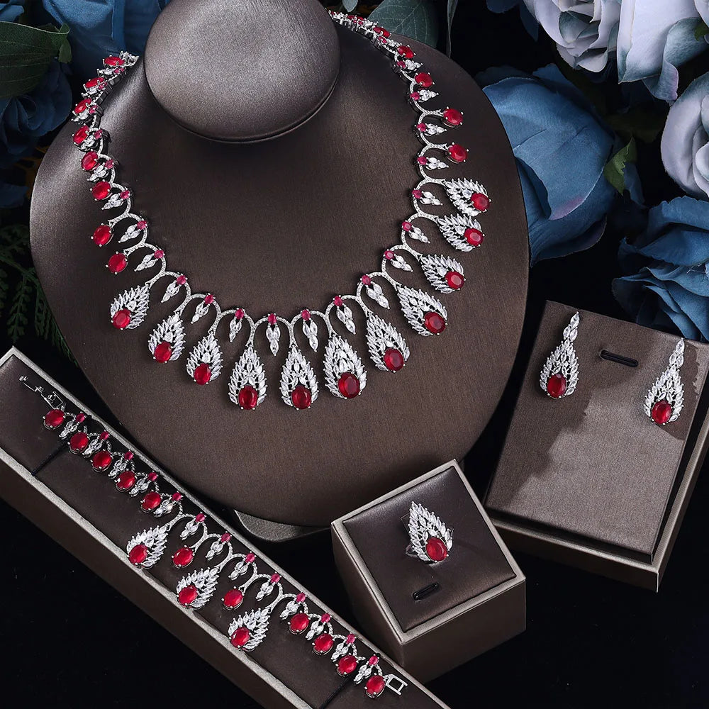 2024 Clever Dubai Water Drop 4-piece Necklace and Earring Set with Cubic Zirconia Jewelry for Women's Wedding Party Gifts