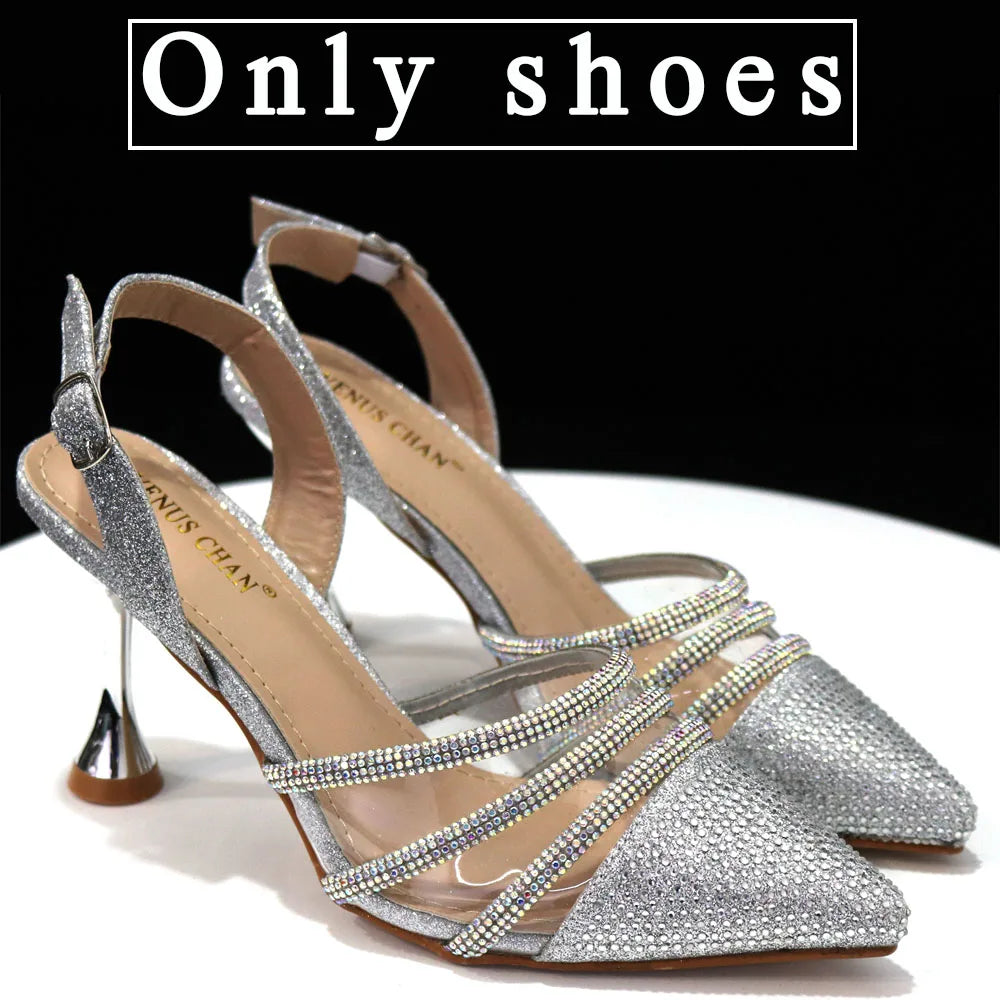Venus Chan Shoes for Women 2023 Pointed Toe Black Heels Rhinestone Chain Party Sandals Italian Shoes and Bags Matching Set 2023