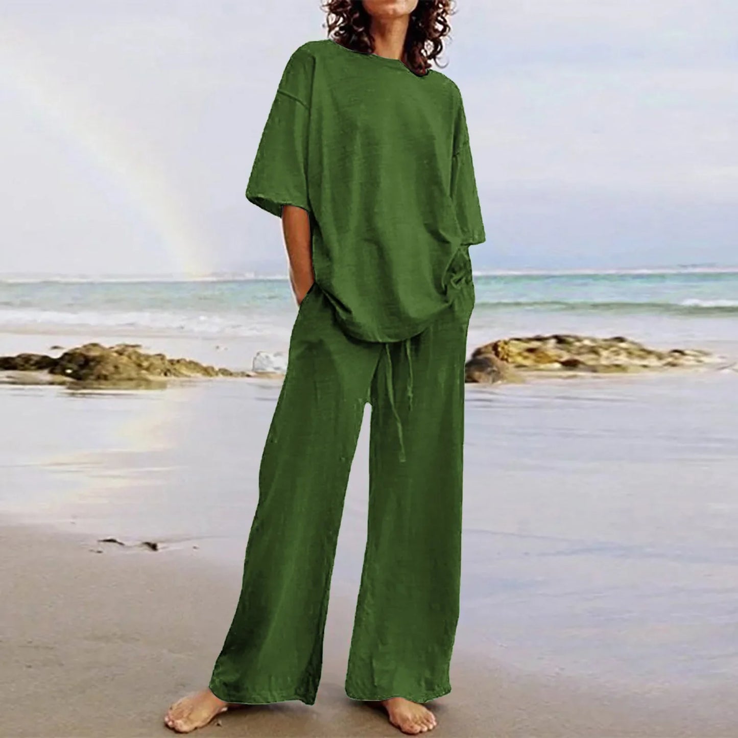 Fashion Women's 2-piece Set 2024 Summer Casual Loose Lace Up Pocket Set Half Sleeve O-Neck Top And Wide Leg Pants Set Outfits